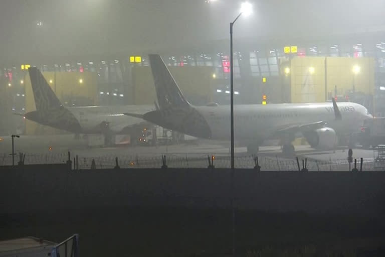 Amid a cold wave in northern India, fog reduces visibility, causing more than 200 flights to be delayed at Delhi Airport.